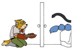  anthro bed canid canine cookie cookie_cuckold_(meme) cuckold digital_media_(artwork) door felid female food fox fox_mccloud furniture group humanoid kneeling krystal_(star_fox) male male/female mammal meme nintendo nyaalgebra panther_caroso pantherine simple_background star_fox tail trio 