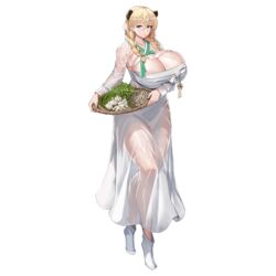  animal_ears basket bear_ears bear_girl blonde_hair blue_eyes braid breastless_clothes breasts budget_sarashi check_clothing chest_sarashi cleavage closed_mouth collarbone extra_ears female food frigga_(last_origin) full_body garlic hair_between_eyes highres holding holding_basket huge_breasts korean_clothes last_origin lips looking_at_viewer mole mole_under_mouth official_alternate_costume official_art pointy_footwear sarashi simple_background smile solo standing tachi-e third-party_source tiptoes transparent_background twin_braids u-rix vegetable wet white_footwear 