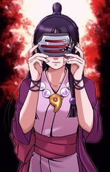  bead_necklace beads black_hair blood blood_on_face brown_eyes closed_mouth collarbone commentary_request female fingernails gyakuten_saiban hair_beads hair_ornament hanten_(clothes) highres japanese_clothes jewelry long_hair magatama magatama_necklace mask maya_fey necklace one_eye_covered phoenix_wright:_ace_attorney_-_trials_and_tribulations ragi_(od6fine) solo topknot 