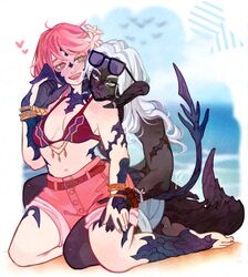  2girls ama_aarts au_ra barefoot beach belt bikini bikini_top_only black_horns black_scales black_skin black_tail cirina_mol colored_skin dragon_girl dragon_horns dragon_tail final_fantasy final_fantasy_xiv flower hair_flower hair_ornament highres horns hug hug_from_behind multiple_girls pink_hair sadu_dotharl scales short_shorts shorts smile swimsuit tail white_hair yuri 