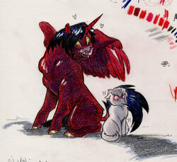  2022 alicorn ambiguous_gender archived_source black_mane black_tail color_swatch colored_pencil_(artwork) duo ed_mortis equid equine eyelashes feathered_wings feathers feral fluffy_pony fluffy_pony_(species) fur grey_mane grey_tail heart_symbol hooves horn insane mammal mane mythological_creature mythological_equine mythology red_body red_eyes red_feathers red_fur red_horn red_wings ringed_eyes scared shaded shaking simple_background sitting smile tail teeth textless traditional_media_(artwork) trembling unguligrade unicorn white_background white_body white_fur wings yellow_eyes yellow_hooves 