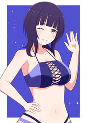  asaka_karin bikini blue_bikini blue_eyes blue_hair breasts cleavage collarbone commentary dark_blue_hair female hand_on_own_hip hand_up highres ichiban577 large_breasts love_live! love_live!_nijigasaki_high_school_idol_club medium_hair mole mole_on_collarbone multicolored_background multicolored_bikini multicolored_clothes navel one_eye_closed purple_background purple_bikini shiny_skin smile solo swimsuit white_background 