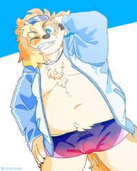  anthro bare_chest belly blonde_hair bottomwear bulge canid canine canis clothed clothing domestic_dog grin hair hi_res hisaki_(live_a_hero) jacket lifewonders live_a_hero male mammal navel one_eye_closed open_clothing open_jacket open_topwear ottyo_kope shorts slightly_chubby smile solo topwear wink 