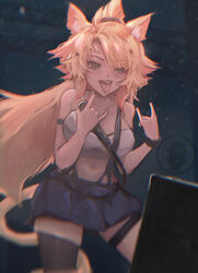  \n/ absurdres animal_ears black_thighhighs blonde_hair blue_skirt blurry blurry_background breasts cat_ears cat_girl cat_tail colored_tips commentary crop_top depth_of_field double_\n/ double_strap_slip freckles hair_over_one_eye heavy_metal highres indie_virtual_youtuber large_breasts long_hair miniskirt multicolored_hair obkatiekat obkatiekat_(1st_costume) pink_hair single_thighhigh skirt suspender_skirt suspenders tail taku_artworks tank_top thigh_strap thighhighs tongue tongue_out virtual_youtuber white_tank_top 