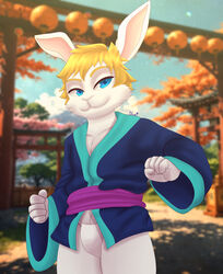  absurd_res asian_clothing blonde_hair blue_eyes clothing damian5320 east_asian_clothing fundoshi fur hair hi_res japanese_clothing lagomorph leporid male mammal rabbit solo underwear white_body white_fur yukata 