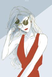  absurdres bare_shoulders breasts cleavage clip-on_sunglasses collarbone commentary deerwhisky dress earrings female highres jewelry limited_palette lipstick long_hair looking_at_viewer makeup medium_breasts original red_dress red_lips round_eyewear shade sleeveless sleeveless_dress solo sunglasses upper_body yellow_eyes 