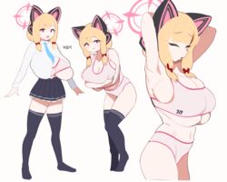  alternate_breast_size animal_ear_headphones animal_ears armpits arms_behind_head arms_under_breasts arms_up bare_shoulders black_thighhighs blue_archive blush bra breast_hold breast_slip breasts bursting_breasts cat_ear_headphones cat_ears closed_eyes closed_mouth english_commentary fake_animal_ears female full_body gya_rb halo headphones highres huge_breasts long_hair long_sleeves looking_at_viewer momoi_(blue_archive) multiple_views navel necktie one_breast_out open_mouth oppai_loli panties pink_bra pink_halo pink_panties school_uniform short_hair simple_background smile standing thighhighs underboob undersized_breast_cup undersized_clothes underwear underwear_only white_background 