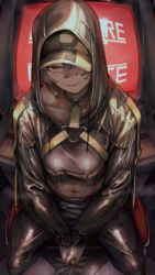  abs absurdres breasts brown_eyes chains covered_nipples fingernails grey_hair hat highres hood hoodie jacket navel navel_piercing original piercing soleil_(soleilmtfbwy03) tomboy 