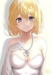  absurdres arm_behind_back blonde_hair breasts cleavage dress elbow_gloves elena_stoddart female gloves highres jewelry looking_at_viewer necklace purple_eyes sakurano_miki shadow simple_background smile solo upper_body white_background white_dress white_gloves ys ys_iii_wanderers_of_ys 