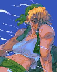  absurdres bandana blonde_hair blue_background breasts commentary cutoffs deltoids dirty dirty_face english_commentary exposed_pocket female green_bandana green_shorts green_vest highres kasamoto_eri large_breasts metal_slug midriff mismatched_eyebrows muscular muscular_female navel one_eye_closed red_eyes relusionh short_hair shorts sleeveless smoke solo sweat tank_top thick_eyebrows very_sweaty vest white_tank_top 