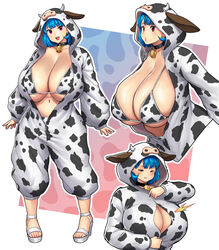  :d :o :t absurdres animal_ears animal_print bell bikini bikini_under_clothes blue_hair blush breasts collar cow_ears cow_girl cow_hood cow_horns cow_print cow_print_bikini cowbell erkaz fake_animal_ears fake_horns female high_heels highres horns huge_breasts multiple_views neck_bell one_eye_closed onesie open_mouth original partially_unzipped platform_footwear platform_heels print_bikini red_eyes rina_atherina sandals short_hair simple_background smile swimsuit 