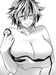  blush closed_mouth collarbone commentary_request female greyscale koyubi_(littlefinger1988) looking_at_viewer monochrome multicolored_hair oerba_yun_fang short_hair skin_fang solo streaked_hair toramaru_shou touhou undone_bra upper_body 