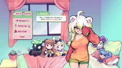  animal_crossing animal_ears bed bedroom bestfriendforever blanket blonde_hair blue_eyes blue_hair braid breasts brown_hair commentary corn curtains english_commentary english_text female ferret_ears ferret_girl ferret_tail food fruit gas_mask gradient_clothes green_eyes green_hair green_shorts hackerling hat highres horns indie_virtual_youtuber k3lly laimu_(vtuber) large_breasts lime_(fruit) lime_slice long_hair long_sleeves mask monster_girl multicolored_hair original pillow purple_hat rabbit_ears sexually_suggestive shorts stuffed_toy tentacle_hair vinesauce virtual_youtuber waking_up white_hair window yenko_(vtuber) 