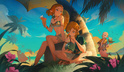  2girls 5boys absurdres armlet asymmetrical_clothes beach bikini bikini_skirt blue_eyes blue_sky bolson_(zelda) bracelet braid breasts brown_hair cleavage coconut commentary crown_braid flower hair_ornament hairclip hand_on_own_chin hat heart highres ice_cream_crepe indian_style jewelry jiangyiting17 korok light_smile link medium_breasts medium_hair multiple_boys multiple_girls navel necklace outdoors palm_tree pink_flower pointy_ears princess_zelda riju sidon sitting sky strapless strapless_bikini straw_hat stroking_own_chin swimsuit the_legend_of_zelda the_legend_of_zelda:_tears_of_the_kingdom thinking tree tulin_(zelda) white_bikini yunobo 