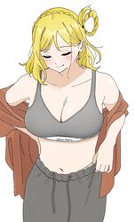  blonde_hair blush bra braid brand_name_imitation breasts brown_coat calvin_klein cleavage closed_eyes coat commentary crown_braid dunchy female grey_bra grey_pants hair_rings highres large_breasts love_live! love_live!_sunshine!! medium_hair navel ohara_mari pants smile sweatpants symbol-only_commentary underwear undressing white_background 