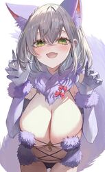  alternate_costume animal_ears blush braid breast_focus breasts claws cleavage cosplay fate/grand_order fate_(series) female green_eyes grey_hair hair_between_eyes hololive large_breasts looking_at_viewer mash_kyrielight mash_kyrielight_(cosplay) mash_kyrielight_(dangerous_beast) mash_kyrielight_(dangerous_beast)_(cosplay) navel open_mouth revealing_clothes rum_raisin_(chihiromakita19) shirogane_noel short_hair smile solo tail virtual_youtuber 