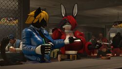  3d_(artwork) alcohol anthro ashtray bar_counter belt belt_buckle beverage black_body black_fur blonde_hair blue_clothing blue_jacket blue_topwear bottle bottomwear buckle canid canine canis cat_(petruz) chair choker cigarette civilian_(team_fortress_2) closed_eyes clothing container counter demoman_(team_fortress_2) digital_media_(artwork) facepalm fedora felid feline female fingerless_gloves fur furniture gloves group hair handwear hat headgear headwear heavy_(team_fortress_2) hi_res holding_bottle holding_cigarette holding_container holding_object human jacket jewelry lagomorph laugh leather leather_clothing leather_jacket leather_topwear leporid looking_at_another male mammal mojito_(drink) multicolored_body multicolored_fur necklace on_chair open_mouth pants petruz_(copyright) rabbit rabbit_(petruz) red_clothing red_hair red_jacket red_topwear sitting sitting_on_chair smile smoking smoking_cigarette soldier_(team_fortress_2) source_filmmaker_(artwork) team_fortress_2 thevestige topwear valve walking wolf wolf_(petruz) 