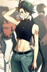  :d abs absurdres bare_arms belt black_belt black_shirt blurry blurry_background blush bright_pupils brown_eyes cellphone crop_top cropped_shirt denim earrings female green_hair green_pants hand_up highres holding holding_phone jeans jewelry long_hair madoro_q midriff mixed-language_commentary navel open_mouth pants phone pokemon pokemon_sv ponytail rika_(pokemon) shirt skinny sleeveless sleeveless_shirt smile teeth upper_teeth_only white_pupils 