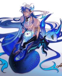  1boy absurdly_long_hair absurdres armlet blue_background blue_hair blue_scales buruchii closed_mouth colored_extremities colored_eyelashes earrings english_commentary fingernails full_body genshin_impact gradient_background highres jewelry leisurely_otter_(genshin_impact) long_hair looking_at_viewer male_focus merman monster_boy multicolored_hair neuvillette_(genshin_impact) otter pointy_ears purple_eyes scales sharp_fingernails sitting slit_pupils solo streaked_hair toned toned_male very_long_hair white_background white_hair 