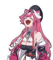  absurdres animal_ear_fluff animal_ears blush breasts cleavage closed_eyes fangs female goggles highres hololive hololive_english koizumi_arata long_hair multicolored_hair open_mouth panther_ears panther_girl pink_hair raora_panthera skin_fangs smile solo streaked_hair virtual_youtuber 