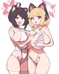  2girls :d absurdres ahoge alternate_breast_size alternate_costume animal_ear_headphones animal_ears asymmetrical_docking bare_shoulders bikini black_hair blonde_hair blue_archive blush breast_press breasts brown_eyes cat_ear_headphones competition_swimsuit english_commentary fake_animal_ears grabbing grabbing_another&#039;s_breast grabbing_own_breast gya_rb halo headphones highleg highleg_bikini highres huge_breasts kaede_(blue_archive) kaede_(swimsuit)_(blue_archive) looking_at_viewer micro_bikini momoi_(blue_archive) multiple_girls oerba_yun_fang one-piece_swimsuit open_mouth oppai_loli pink_halo sideboob simple_background skindentation smile string_bikini striped_bikini striped_clothes swimsuit thighhighs white_background white_one-piece_swimsuit yellow_eyes 