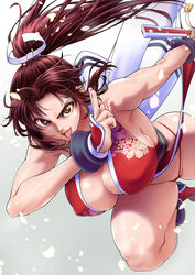  ass bare_legs bare_shoulders black_socks breasts brown_eyes brown_hair cherry_blossoms cleavage clothes_lift covered_nipples cowboy_shot dutch_angle fatal_fury female floral_print folded_fan folding_fan glowing glowing_petals gradient_background grey_background hair_ribbon hand_fan high_ponytail highres holding holding_fan huge_breasts ikumo_taisuke japanese_clothes knee_up kuji-in long_hair looking_at_viewer ninja no_bra obi open_mouth outline panties parted_bangs pelvic_curtain petals ponytail puffy_nipples red_panties revealing_clothes ribbon sash shiny_skin shiranui_mai sideboob skindentation skirt skirt_lift smile socks solo tabi teeth the_king_of_fighters thick_thighs thighs thong toned tongue underwear white_background white_ribbon white_sash wind 