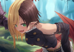  bare_shoulders black_gloves blonde_hair brown_hair dragon_girl dragon_wings earrings elbow_gloves eyes_visible_through_hair female forest fur-trimmed_skirt fur-trimmed_sleeves fur_trim gauntlets gloves green_eyes head_wings jewelry kaya_(princess_connect!) leaning_forward looking_at_viewer multicolored_hair nature oerba_yun_fang open_mouth outdoors pointy_ears princess_connect! red_wings shirt single_gauntlet skirt sleeveless sleeveless_shirt solo two-tone_hair umarutsufuri wings 