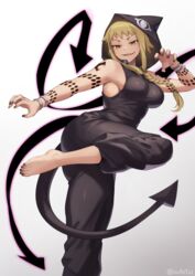  arm_tattoo barefoot blonde_hair bracelet breasts commentary english_commentary feet female foot_out_of_frame highres hood hoodie iwbitu jewelry long_hair medium_breasts medusa_gorgon nail_polish open_mouth paid_reward_available simple_background sleeveless sleeveless_hoodie snake_tattoo solo soul_eater standing standing_on_one_leg tail tattoo toenail_polish toenails toes white_background yellow_eyes 