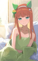  absurdres animal_ears chisaku closed_mouth commentary_request ear_covers ear_ornament female flat_chest green_blanket green_tank_top hair_ornament hairband hairclip highres hime_cut horse_ears horse_girl indoors long_hair midriff orange_hair pillow silence_suzuka_(umamusume) smile solo sunlight tank_top umamusume upper_body white_hairband 