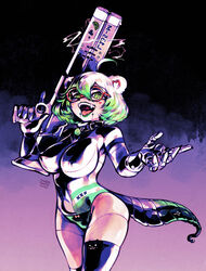  absurdres animal_ear_legwear animal_ears armor asymmetrical_legwear bestfriendforever breasts choker commentary english_commentary female ferret ferret_ears ferret_girl ferret_tail food food-themed_necklace fruit gradient_background gradient_tail green_eyes green_hair gun highres holding holding_gun holding_weapon indie_virtual_youtuber laimu_(vtuber) large_breasts lightning lime_(fruit) lime_necklace lime_slice mismatched_legwear original red-framed_eyewear sharp_teeth short_hair teeth tongue tongue_out vinesauce virtual_youtuber weapon white_hair 