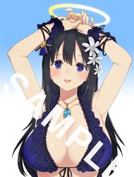  absurdres armpits arms_up bikini blue_bikini blue_eyes blue_gemstone blush breast_mousepad breasts female front-tie_bikini_top front-tie_top gem halo highres jewelry large_breasts looking_at_viewer necklace open_mouth pendant ryouki_(senran_kagura) sample_watermark second-party_source senran_kagura solo swimsuit watermark yaegashi_nan 