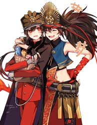  2boys black_hair black_headwear blush commentary_request fate/grand_order fate_(series) fingerless_gloves gloves highres holding long_hair multiple_boys oda_kippoushi_(fate) oda_nobukatsu_(fate) oda_nobunaga_(fate) oda_uri open_mouth red_eyes ribbon simple_background white_background yui_(tamagohan) 