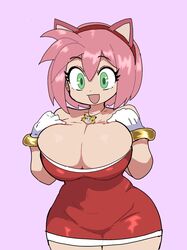  amy_rose amy_rose_(cosplay) animal_ears bare_shoulders breasts cosplay dress female fruithead gloves gold_bracelet green_eyes hairband highres huge_breasts medallion open_mouth pink_hair red_dress short_hair sonic_(series) sonichu white_gloves 