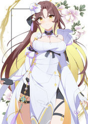  adin_(epic_seven) bandaged_hand bandaged_neck bandages brown_hair cleavage_cutout clothing_cutout detached_sleeves epic_seven female flower hair_ornament long_hair multicolored_hair rin_ateria short_shorts shorts solo thigh_strap very_long_hair wide_sleeves 