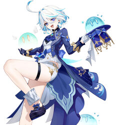  :d absurdres ahoge ascot bare_legs black_footwear blue_ascot blue_coat blue_eyes blue_hair blue_hat brooch coat female foot_out_of_frame freeeeeeeeeee furina_(genshin_impact) genshin_impact hat highres holding holding_clothes holding_hat jewelry looking_at_viewer midriff_peek multicolored_hair open_clothes open_coat open_mouth shirt shoes short_hair short_shorts shorts slime_(genshin_impact) smile streaked_hair thigh_strap thighs top_hat white_hair white_shirt white_shorts 