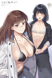  2girls black_bra black_hair black_jacket black_pants bra breasts brown_eyes brown_hair closed_mouth highres jacket large_breasts long_hair medium_breasts midriff multiple_girls navel open_clothes open_jacket original pants smile soul_(tamashii) stomach tongue underwear white_background white_bra white_jacket yellow_eyes 