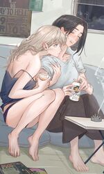  2girls absurdres ac/dc alcohol arm_hug ashtray bandaid bandaid_on_hand barefoot black_hair black_pants blue_camisole blue_eyes blue_panties blue_shirt blush breasts camisole cigarette closed_eyes collarbone commentary cup deerwhisky drunk ear_blush earrings feet highres holding holding_cup indoors jewelry light_brown_hair long_hair medium_breasts medium_hair multiple_girls open_mouth original panties pants parted_lips sapporo_beer shirt sitting spaghetti_strap strap_slip stud_earrings sweatdrop table teeth toes underwear upper_teeth_only yuri 