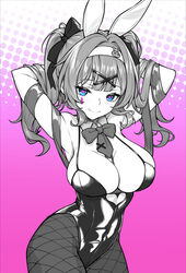  animal_ears armpits arms_up birkai black_leotard blue_eyes blue_hair blush breasts detached_collar fake_animal_ears female gradient_background hair_ornament hatsune_miku highres leotard looking_at_viewer monochrome pantyhose playboy_bunny rabbit_ears rabbit_hole_(vocaloid) solo twintails vocaloid 