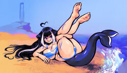  animal_ears barefoot beach bestfriendforever bikini black_hair blue_bikini body_markings breasts cetacean_tail commentary english_commentary facial_mark feet female fins fish_tail highres indie_virtual_youtuber large_breasts long_hair looking_at_viewer multicolored_hair orca_girl purple_eyes shylily shylily_(bikini) soles solo streaked_hair swimsuit tail tattoo toes virtual_youtuber water waves whale_girl white_hair 