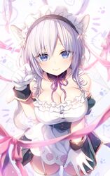  animal_ears blue_eyes breasts dress female gloves hair_between_eyes highres himeji_shirayuki large_breasts liar_liar light_blush looking_at_viewer maid maid_headdress official_art solo tail white_gloves white_hair 