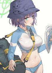  bag between_breasts bikini black_hair blue_archive blue_bikini breasts bucket_hat carrying_bag collarbone duffel_bag female green_eyes halo hat highres holding holding_map large_breasts light_blush long_sleeves looking_at_viewer map medium_hair navel open_mouth raglan_sleeves rimori22 saki_(blue_archive) saki_(swimsuit)_(blue_archive) simple_background solo standing strap_between_breasts swimsuit white_background 