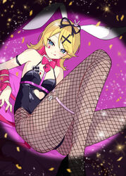  animal_ears animal_hair_ornament aqua_eyes arm_ribbon bare_shoulders bed_sheet black_leotard blonde_hair bow bowtie breasts card confetti detached_collar diamond_(shape) dutch_angle fake_animal_ears female fishnet_pantyhose fishnet_thighhighs fishnets flat_chest hair_ornament hairclip half-closed_eyes hazuki_natsu highleg highleg_leotard highres kagamine_rin leotard licking_lips looking_at_viewer medium_hair multicolored_hair naughty_face necktie pantyhose pink_background pink_pupils pink_them playboy_bunny rabbit_hole_(vocaloid) red_bow red_bowtie red_nails red_necktie ribbon short_necktie skinny small_breasts smike solo spaghetti_strap sparkle streaked_hair swept_bangs teardrop_facial_mark thighhighs thighs tongue tongue_out tsurime x_x 