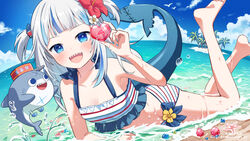  :d beach bikini bloop_(gawr_gura) blue_bikini blue_eyes blue_hair blue_nails blunt_bangs blush commentary_request female fins fish_tail fisheye flat_chest flower frilled_bikini frills gawr_gura gem grey_hair hair_flower hair_ornament heart-shaped_gem highres holding holding_gem hololive hololive_english long_hair looking_at_viewer lying multicolored_hair nail_polish neko_no_kuroko ocean official_alternate_costume on_stomach open_mouth petite shark_girl shark_hair_ornament shark_tail sharp_teeth smile solo streaked_hair striped_bikini striped_clothes swimsuit tail teeth the_pose two_side_up upper_teeth_only virtual_youtuber white_bikini 