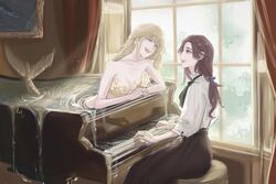  2girls absurdres ascot bare_shoulders black_ascot black_skirt blonde_hair blue_eyes breasts brown_hair cleavage commentary curtains deerwhisky earrings english_commentary eye_contact grand_piano highres indoors instrument jewelry large_breasts long_hair looking_at_another mermaid mixed-language_commentary monster_girl multiple_girls music open_mouth original piano playing_instrument playing_piano shirt sitting skirt smile star_(symbol) star_earrings sunlight upper_body water white_shirt window yellow_eyes yuri 