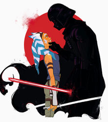  1boy ahsoka_tano armor ass black_armor black_cape blood breasts cape commentary darth_vader energy_sword english_commentary female grin helmet highres holding_lightsaber lekku_(anatomy) lightsaber looking_at_another nosebleed red_lightsaber res_(spkofthdvl) size_difference smile star_wars sword teeth togruta weapon white_background white_lightsaber 