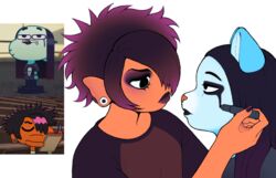  adopted_(lore) adoptive_brother_(lore) adoptive_brothers_(lore) adoptive_sibling_(lore) alternate_costume alternate_form alternative_fashion anthro applying_eyeliner applying_makeup black_hair blue_body blue_fur bodypaint cartoon_network clothing colored_nails corpse_paint cyprinid cypriniform darwin_watterson dipstick_hair domestic_cat dreamscreep duo ear_fins ear_piercing emo eyebrows eyelashes eyeliner eyeshadow face_paint felid feline felis femboy fin fish fluffy fluffy_hair fur gauged_ear goldfish goth gumball_watterson hair hair_over_eye hi_res highlights_(coloring) inner_ear_fluff j-fashion lipstick makeup male mammal marine metalhead nails orange_body personal_grooming piercing plug_(jewelry) prick_ears scene_haircut shirt snout t-shirt the_amazing_world_of_gumball topwear tuft visual_kei 