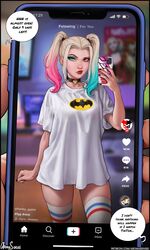  1girls aroma_sensei batman_(series) blonde_hair blue_eyeshadow blue_hair breasts dc dc_comics dyed_hair female female_only fully_clothed harley_quinn jojo_reference medium_breasts no_nut_november phone phone_screen pigtails pink_eyeshadow pink_hair selfie smartphone socks solo solo_female suicide_squad thick_thighs thigh_gap thigh_socks thighs three_tone_hair tiktok tiktok_overlay 