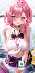  absurdres alternate_breast_size asta_(honkai:_star_rail) bare_arms bare_shoulders belt black_skirt blue_eyes blush bow bowtie braid breasts cellphone choker cleavage collarbone collared_shirt crop_top fantongjun female hair_ornament highres honkai:_star_rail honkai_(series) large_breasts looking_to_the_side medium_hair midriff miniskirt navel one_side_up open_mouth phone pink_hair pleated_skirt purple_choker qr_code shirt side_braid skindentation skirt sleeveless sleeveless_shirt solo stomach suitcase thighs white_shirt 