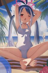  3girls antenna_hair bare_arms bare_legs bare_shoulders barefoot bitseon blue_archive blue_hair blue_halo blush collarbone covered_navel day dorsiflexion feet fubuki_(blue_archive) grey_hair halo highres kanna_(blue_archive) kirino_(blue_archive) long_hair looking_at_viewer multicolored_hair multiple_girls one-piece_swimsuit one_eye_closed open_mouth outdoors pink_halo red_eyes soles swimsuit toenails toes twintails white_one-piece_swimsuit 