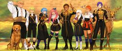  4boys 4girls animal animal_on_arm animal_on_shoulder armadillo belt belt_buckle bird blonde_hair blue_hair book boots breasts brick_wall brown_eyes brown_hair buckle bug butterfly canine claude_von_riegan commission dark-skinned_male dark_skin day deer english_commentary fingerless_gloves fire_emblem fire_emblem:_three_houses full_body garreg_mach_monastery_uniform glasses gloves grass green_eyes green_hair grin hand_on_own_hip highres hilda_valentine_goneril holding holding_animal holding_book ignatz_victor leonie_pinelli long_hair long_sleeves looking_at_viewer lorenz_hellman_gloucester lysithea_von_ordelia marianne_von_edmund medium_breasts multiple_boys multiple_girls open_mouth orange_eyes orange_hair outdoors pantyhose pink_eyes pink_hair purple_hair raphael_kirsten sethkiel short_hair smile snake standing teeth thighhighs tongue twintails white_hair yellow_eyes 